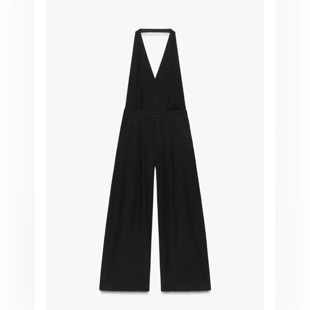 ZARA LONG OPEN BACK JUMPSUIT Black Cotton/Linen Blend XL NWT